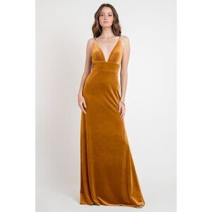 Jenny Yoo Madden Stretch Velvet Deep-V Floor Length Bridesmaid Dress Marigold